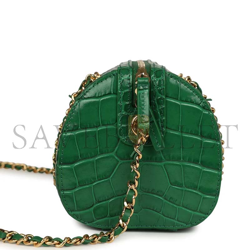 CHANEL MINI TIMELESS CLASSIC BARREL BAG WITH CHAIN GREEN CROC EMBOSSED CALFSKIN GOLD HARDWARE AS5390 (18*13*10cm)